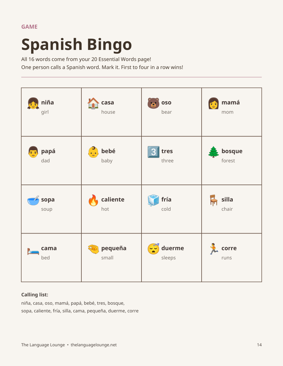 Page 14: Spanish Bingo with 16 essential Goldilocks vocabulary words